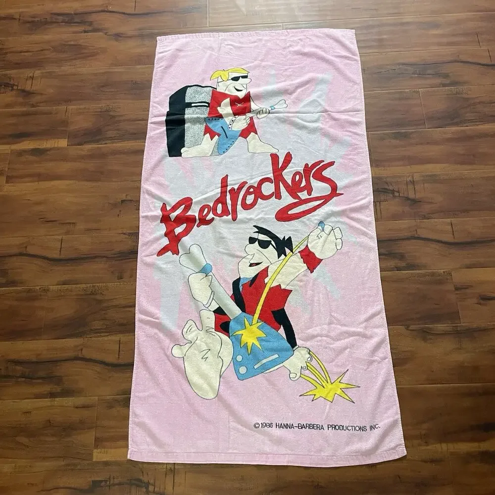 Vintage 1986 The Flinstones Beach Towel The Bedrockers Pink Hanna‎ Barbera Prod